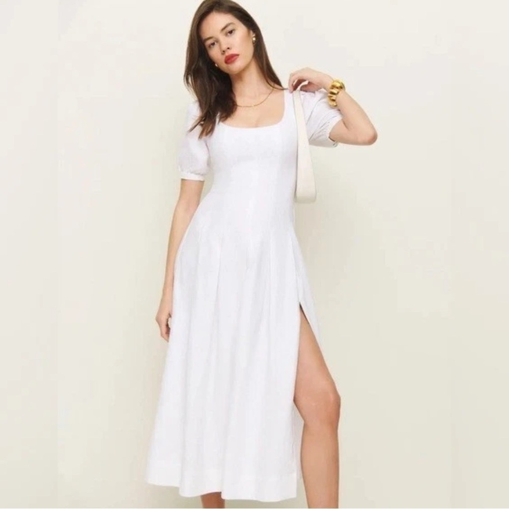 NEW Reformation Coucou Midi Linen Dress Puff Sleeves White | size 4 B3295